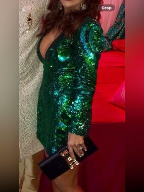 Balmain Emerald Sequin Long Sleeve Dress